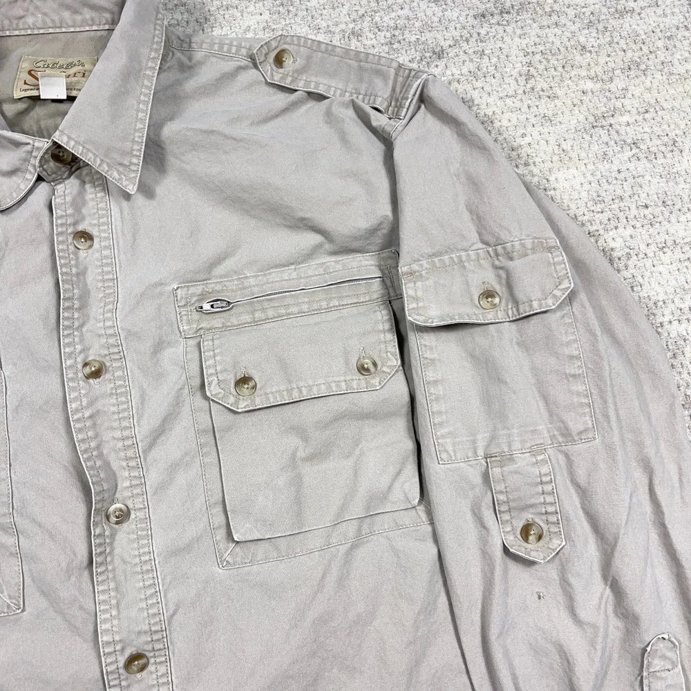 Cabelas Safari Shirt Men Large Tan Khaki Pockets Camp Hiking Guide - Picture 8 of 14